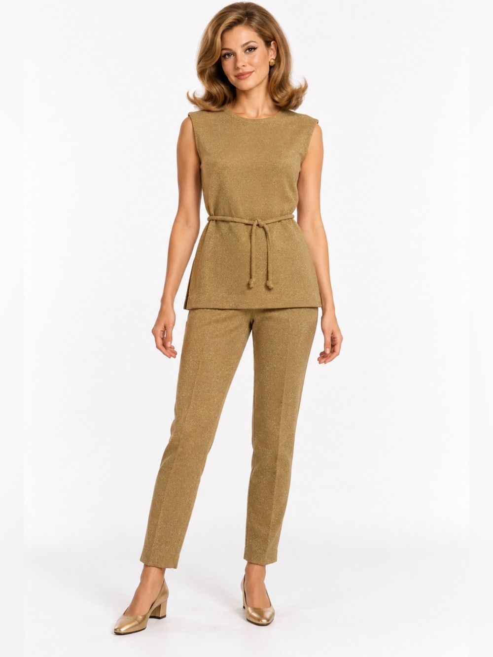 Vintage Jantzen 2 Piece 60s 70s Mod Retro Gold Metallic Knit Top + Pant Set XS S